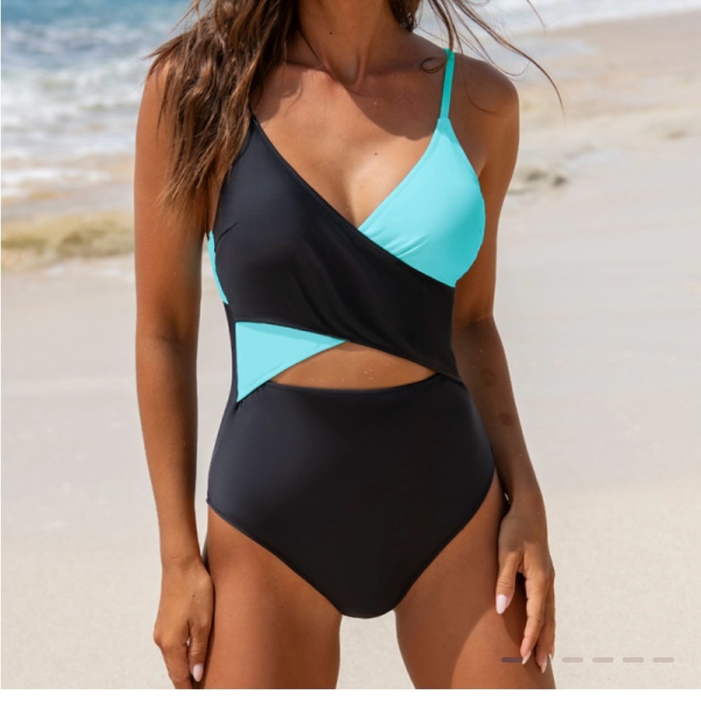 NWT Popvil Wrap Cutout Color Block Blue One Piece Swimsuit